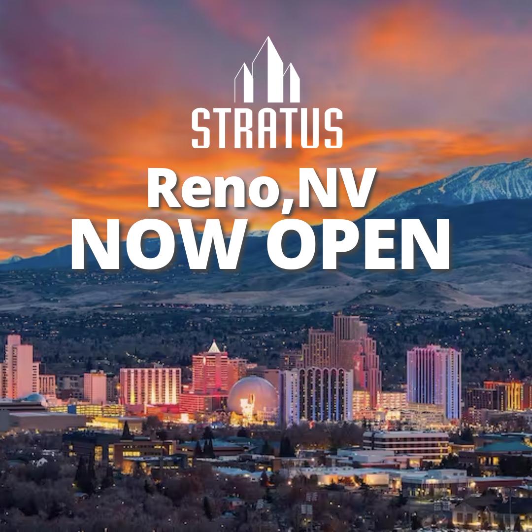 city of Reno at sunset with white text over it