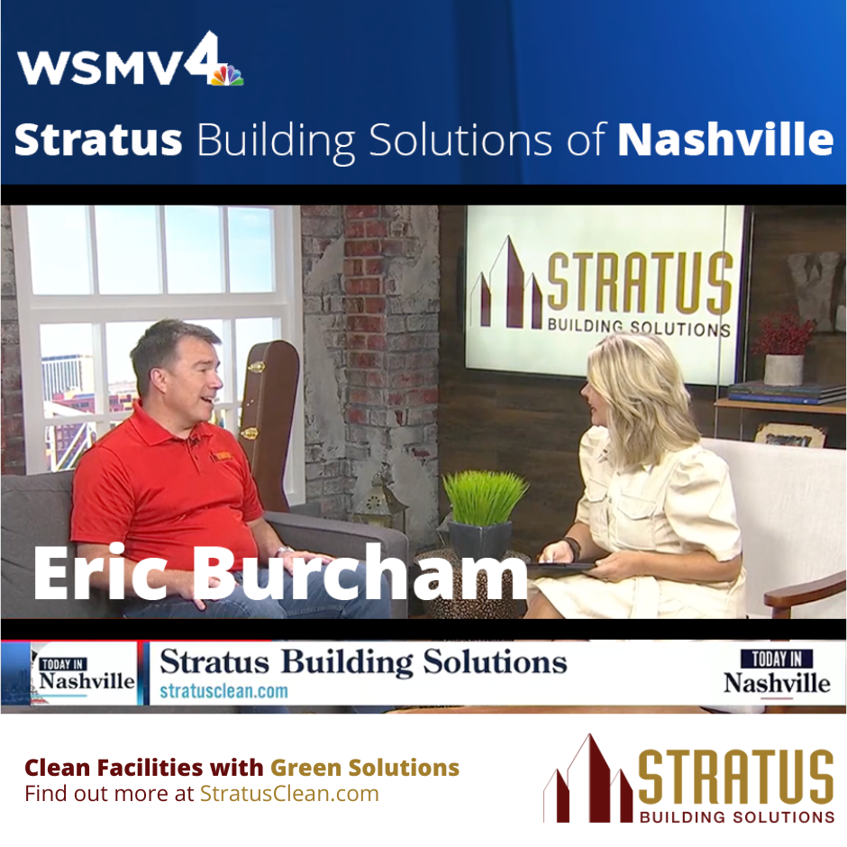 Channel 4 News Set with Eric Burcham Being Interviewed by a Reporter with the Stratus Logo in the Background