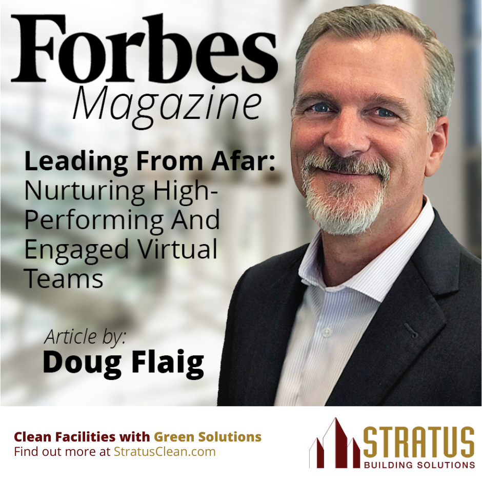 Doug Flaig with Forbes Article Title, Stratus Logo and Tagline, and has an Office Entry Way in the Background