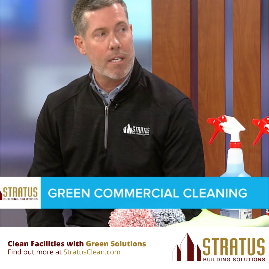 Mike Thompson on the Channel 3 News WTKR with Stratus Cleaning Chemical Bottles on the Right