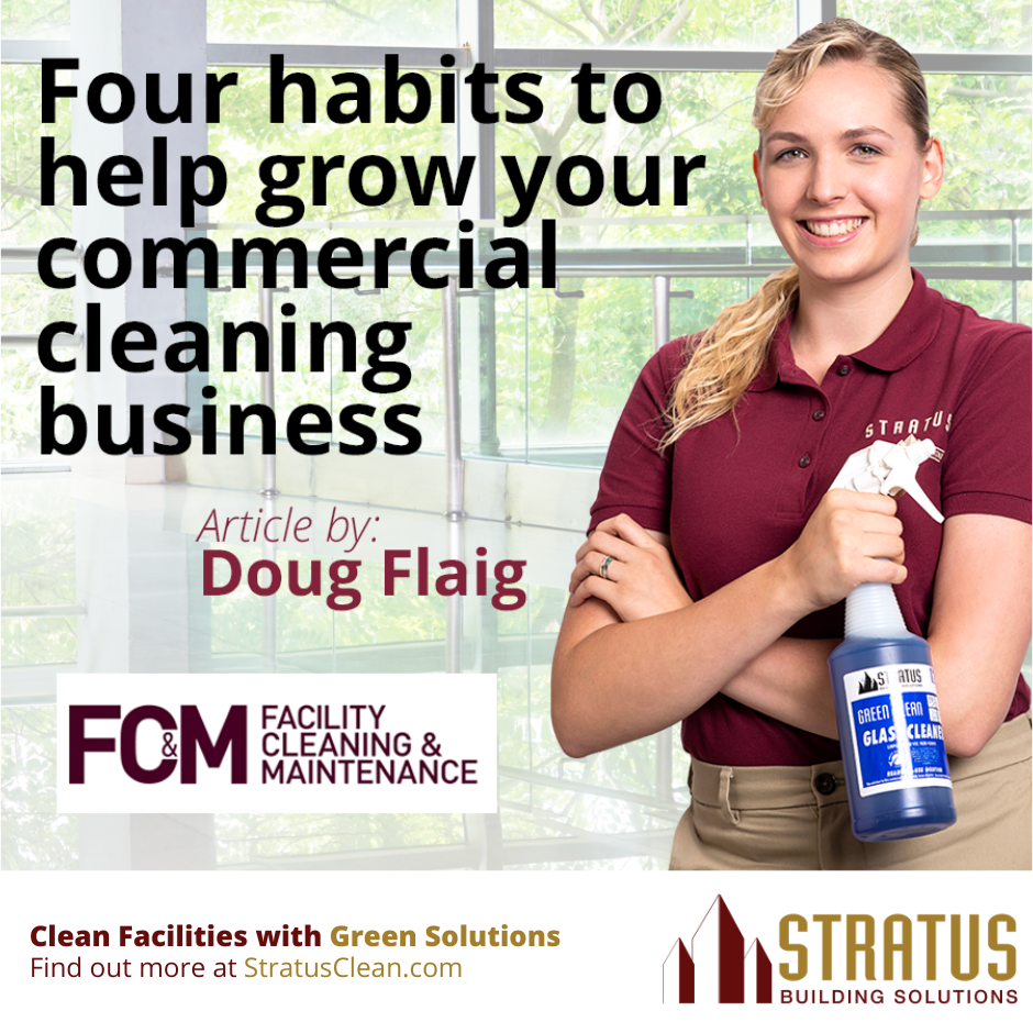 Commercial Cleaning Business Owner Holding a Spray Bottle with a Clean Office Background with the Stratus Logo and the FC&M Logo
