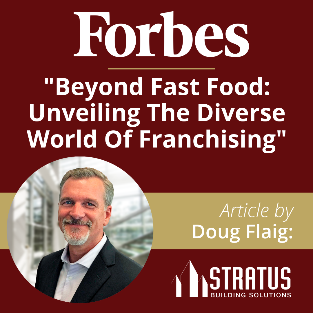 Doug Flaig With Office Background Circle Image Article Titled Text Forbes Beyond Fast Food: Unveiling The Diverse World Of Franchising Maroon Background