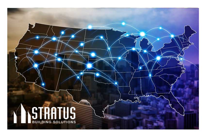 Map of the United States of America with glowing points that are connected across the country to designate expansion of a franchise business. 