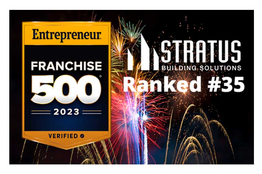 Text that reads “Stratus Building Solutions Ranked #35” and a badge from Entrepreneur magazine for the Franchise 500 2023