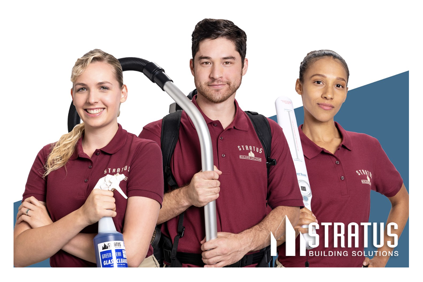 Three Uniformed Stratus Cleaners Side by Side, One with a Spray Bottle, One with a Vacuum Attachment, One with a HEPA Wand