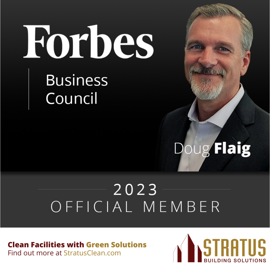 Dave Flaig with the Forbes Business Council Logo and Official Member 2023 Text with a Dark Black Background and the Stratus Logo in the Footer