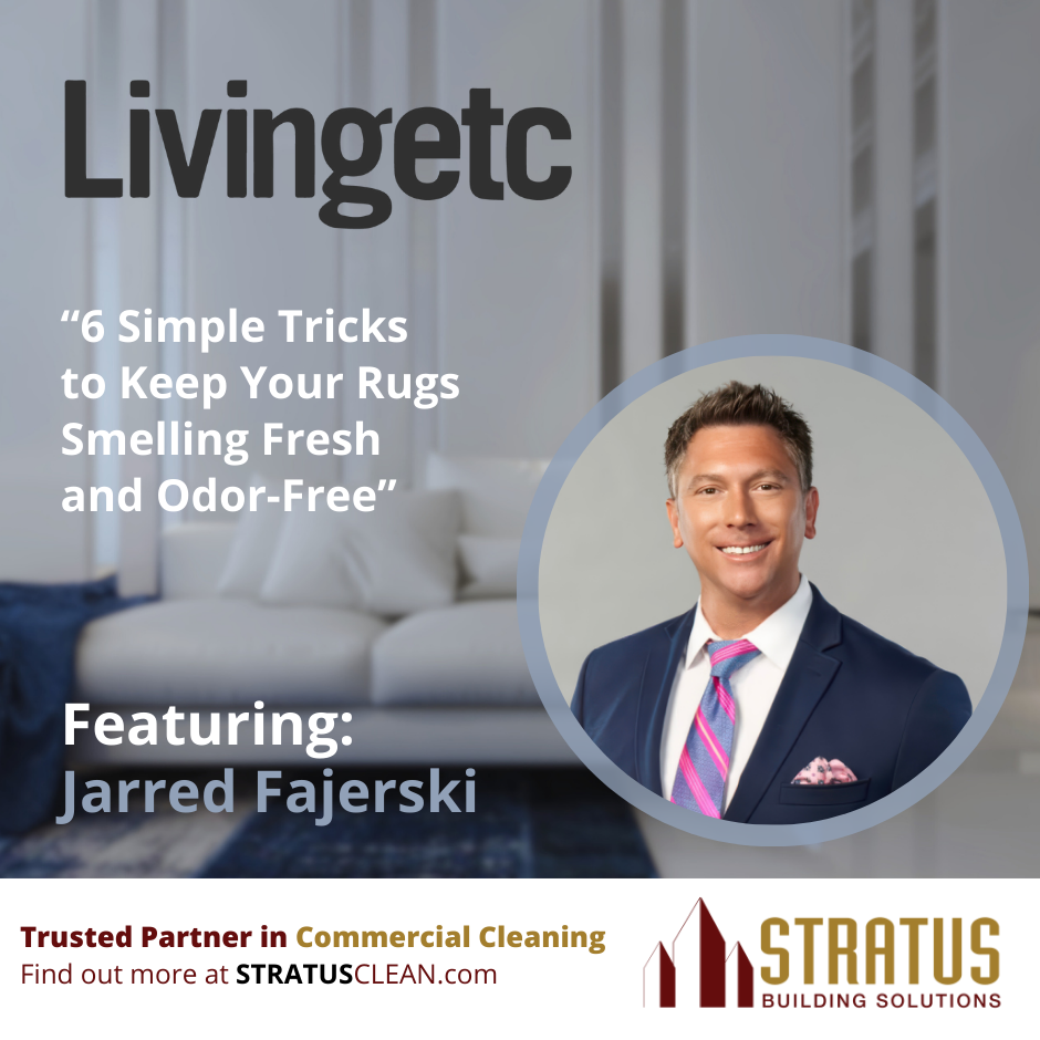 An image of a living room with a rug and a headshot of Jarred Fajerski with the title: 6 Simple Tricks to Keep Your Rugs Smelling Fresh and Odor-Free.