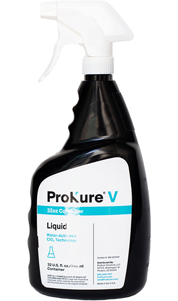 A Black Spray Bottle with a White Top with the Text “ProKure V” in Black on a White Label
