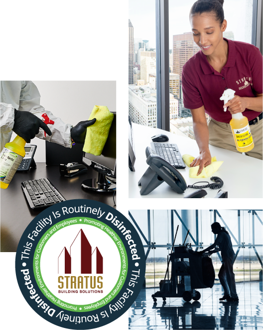 Collage of a Worker Disinfecting a Desk, a Worker Wiping a Desk, a Worker with a Cleaning Cart, and a Cleaned by Stratus Logo