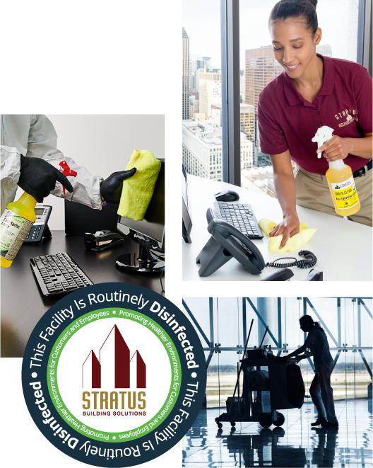 A Man in a Stratus T-Shirt, Black Gloves, and Goggles Holds a Bottle of Yellow Liquid and Wipes a Desk with a Yellow Cloth