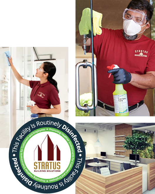 Collage of Stratus Employees Wearing Branded Red Polos Spraying and Wiping Glass Doors, a Receptionist Desk with a Small Tree, and a Stratus Logo 