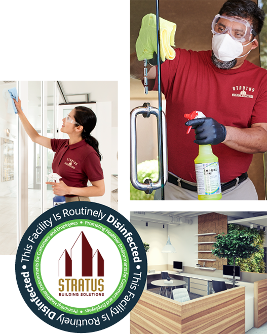 Collage of a Woman Wiping a Window, a Man Holding a Bottle of Cleaner and Wiping a Glass Door, and an Office Break Room Area