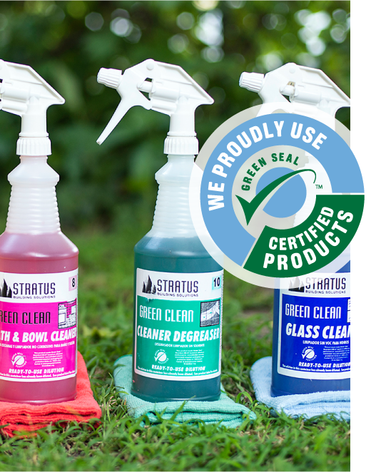 Stratus Building Solutions Green Seal-certified cleaning products including the bath and bowl cleaner, the cleaner degreaser, and the glass cleaner. 