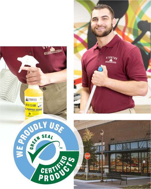 Collage of Stratus Employees Wearing Branded Red Polos Spraying and Wiping Glass Doors, a Receptionist Desk with a Small Tree, and a Stratus Logo 