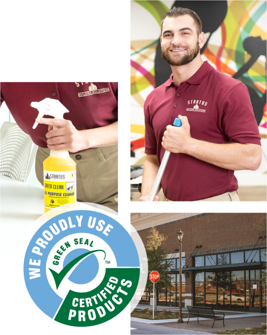 Stratus franchisee holding a spray bottle with a green cleaning product, a Stratus employee holding a broom and smiling, the exterior of a commercial building. 