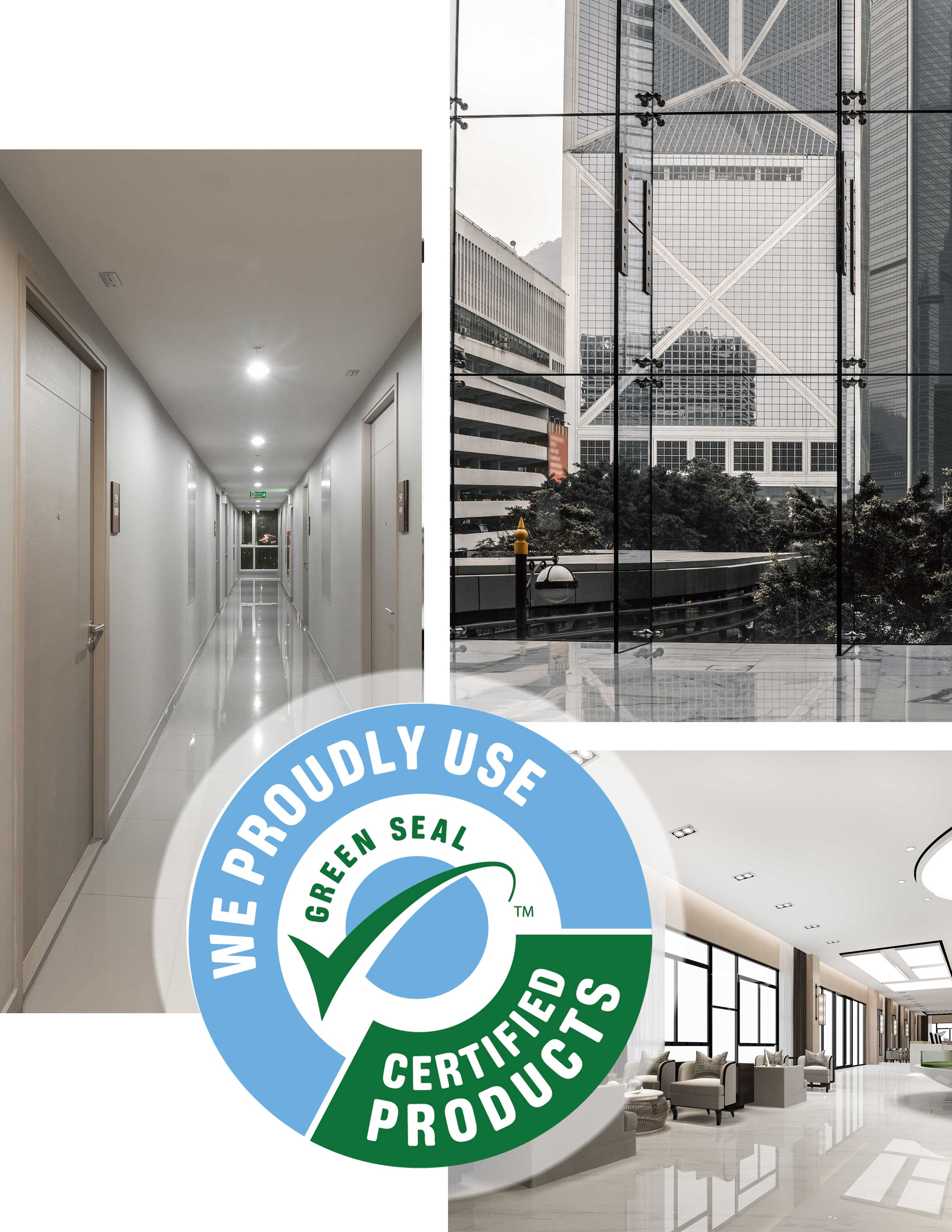 Collage of three images, the first a clean hallway in an office, the interior of an office, and a lobby of an office. 