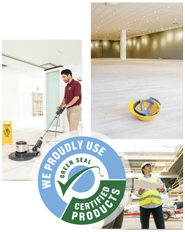 Collage of 3 images; the first with Stratus workers cleaning after a construction project, the second is a hard hat in a room, the third with a foreman looking at construction plans, and a logo that states they use green seal certified products.