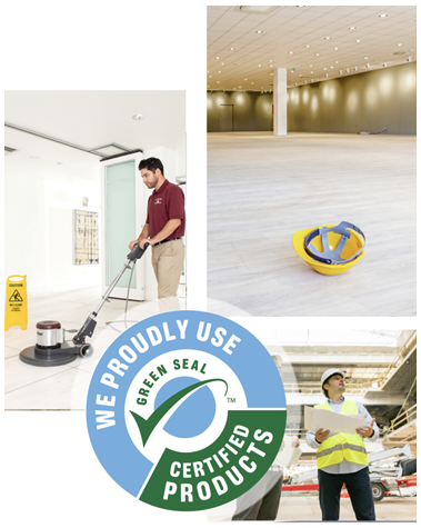 A man pushing a floor buffer, a hard hat on a hardwood floor, and a contractor looking up at a building. 