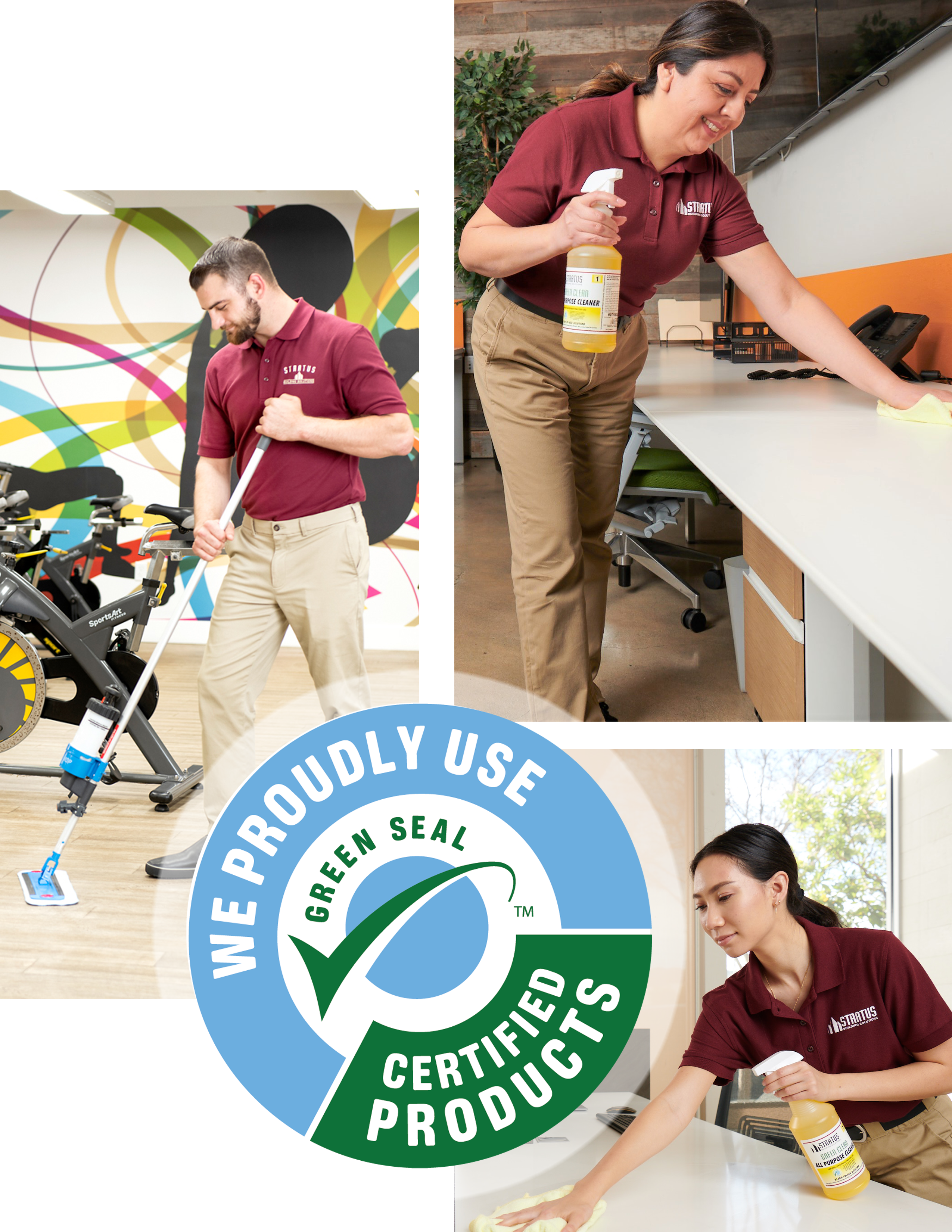 Three Images of Commercial Cleaners Wearing Stratus Branded Uniforms in Three Different Office Buildings