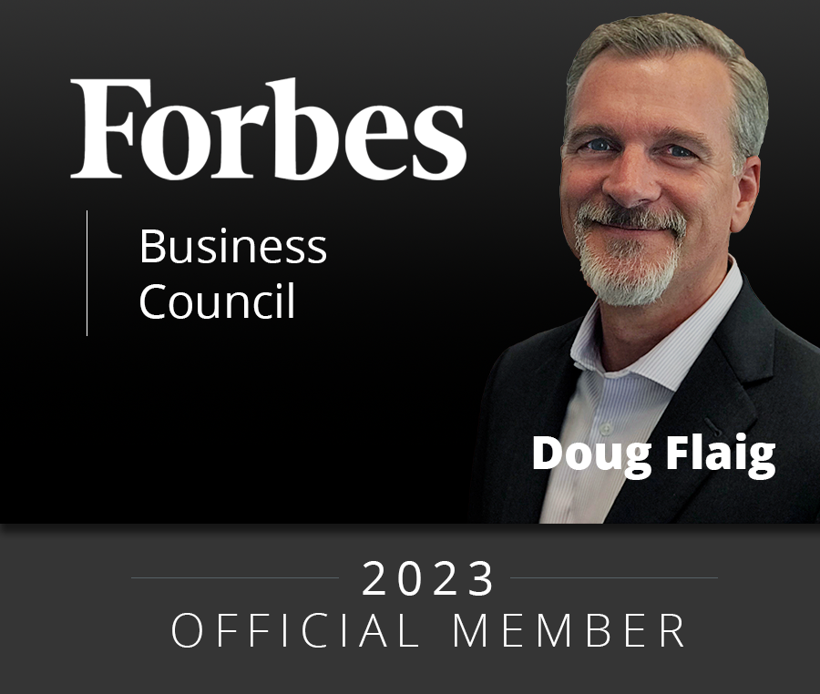 Dave Flaig with the Forbes Business Council Logo and Official Member 2023 Text with a Dark Black Background