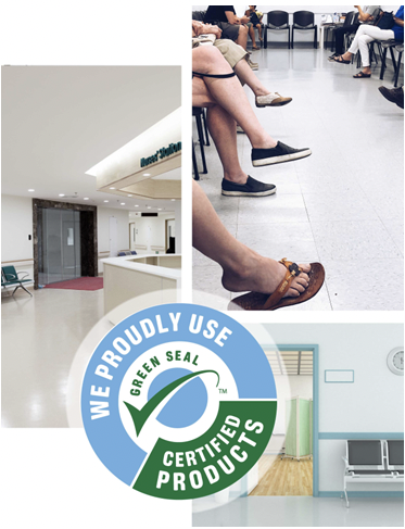 Collage of 3 images; the first with an empty medical waiting room, the second with a full waiting room showing patient's feet, the third with of an empty small medical office, and a logo that states they use green seal certified products.