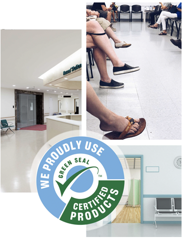 Collage of a Hospital Lobby, People in Waiting Room Chairs from the Knees Down, a Hospital Hallway, and Green Seal Logo