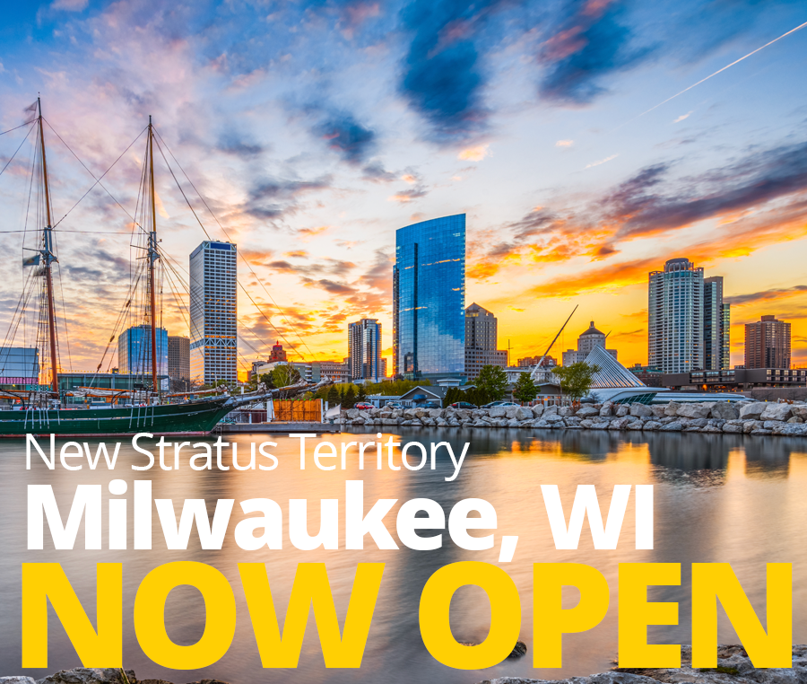 Milwaukee Skyline with Now Open Text