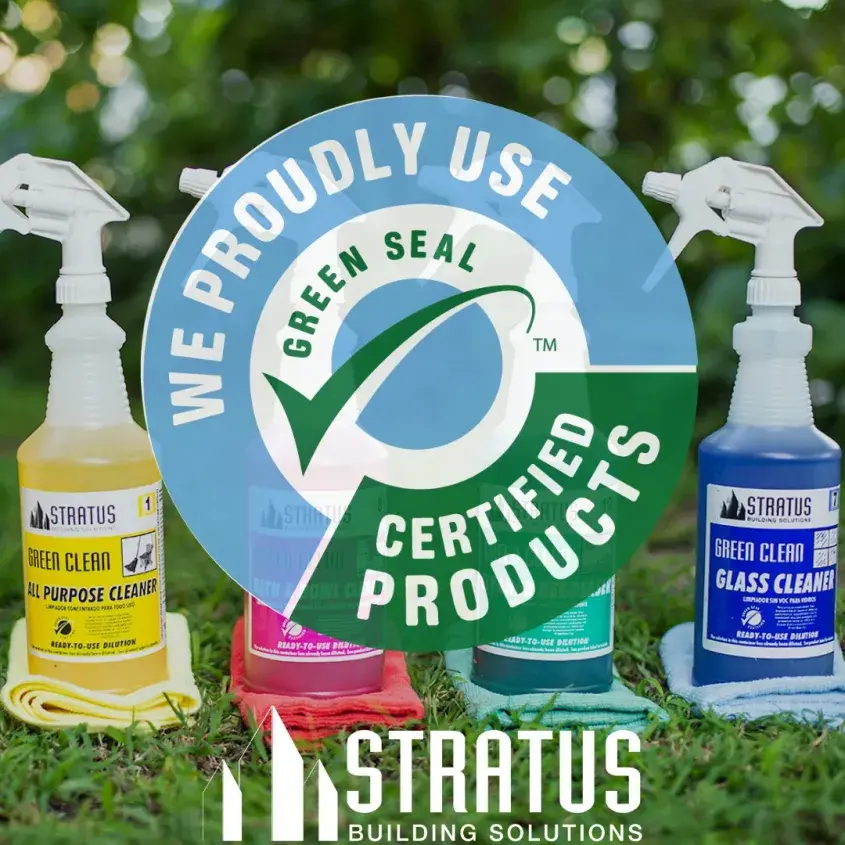 4 Bottles of Stratus Cleaning Products with a Logo Over the Image that Says “We Proudly Use Green Seal Certified Products”