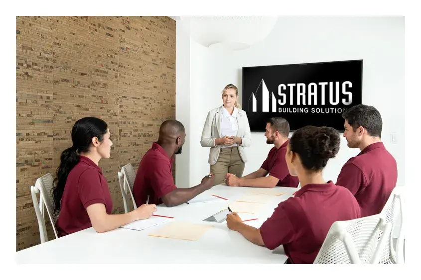 A Woman in Business Apparel Stands at the Head of a Conference Table with 5 Employees in Maroon Polo Shirts Sitting at It