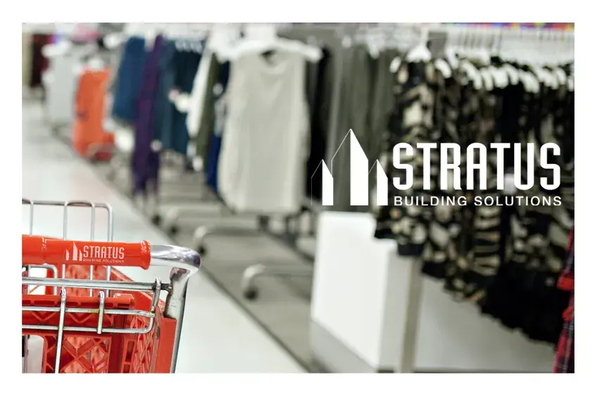 The Corner of a Red Shopping Cart with a Stratus Logo in the Foreground with Blurry Racks of Clothing in the Background